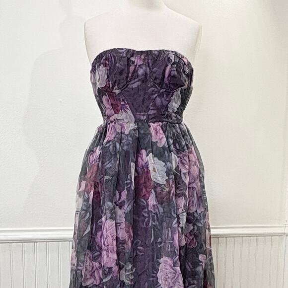 Lulus XS Bustier Strapless Maxi Dress Corset Purple Floral Fairy Prom Formal - Picture 3 of 12